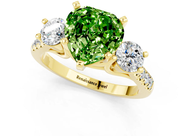Yellow gold Three-Stone Heart Cut Peridot Pavé Band with Four-Prong Setting