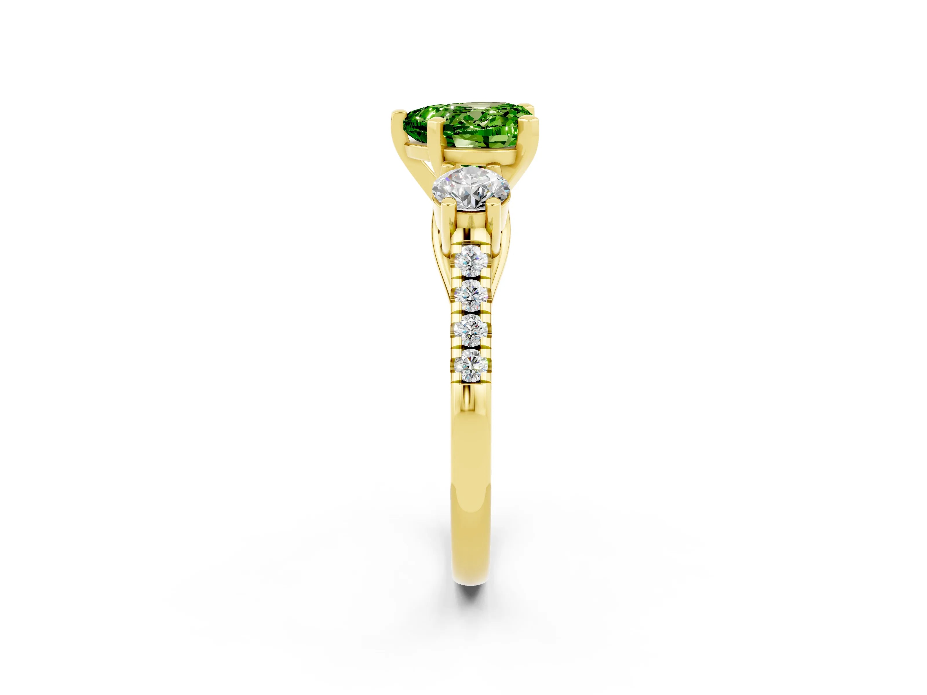 Yellow gold Three-Stone Heart Cut Peridot Pavé Band with Four-Prong Setting_2