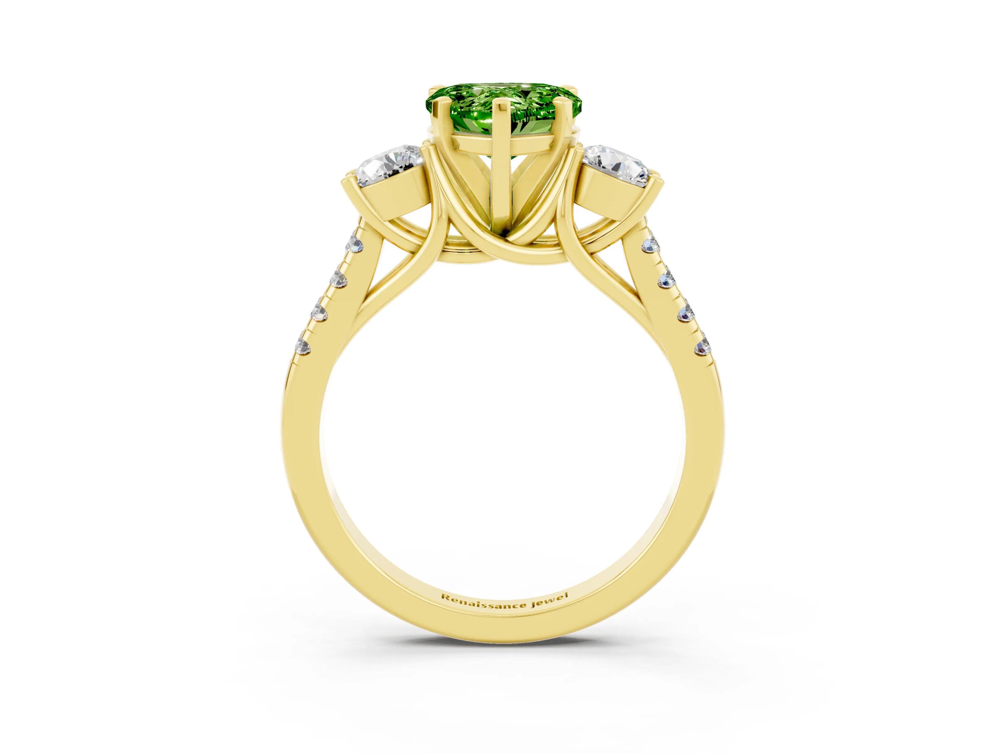 Yellow gold Three-Stone Heart Cut Peridot Pavé Band with Four-Prong Setting_3