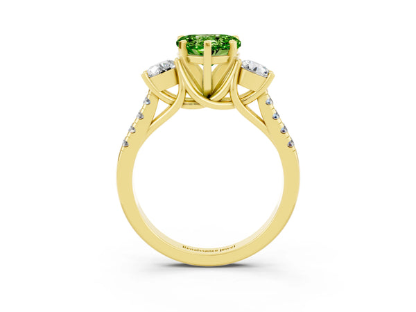 Yellow gold Three-Stone Heart Cut Peridot Pavé Band with Four-Prong Setting