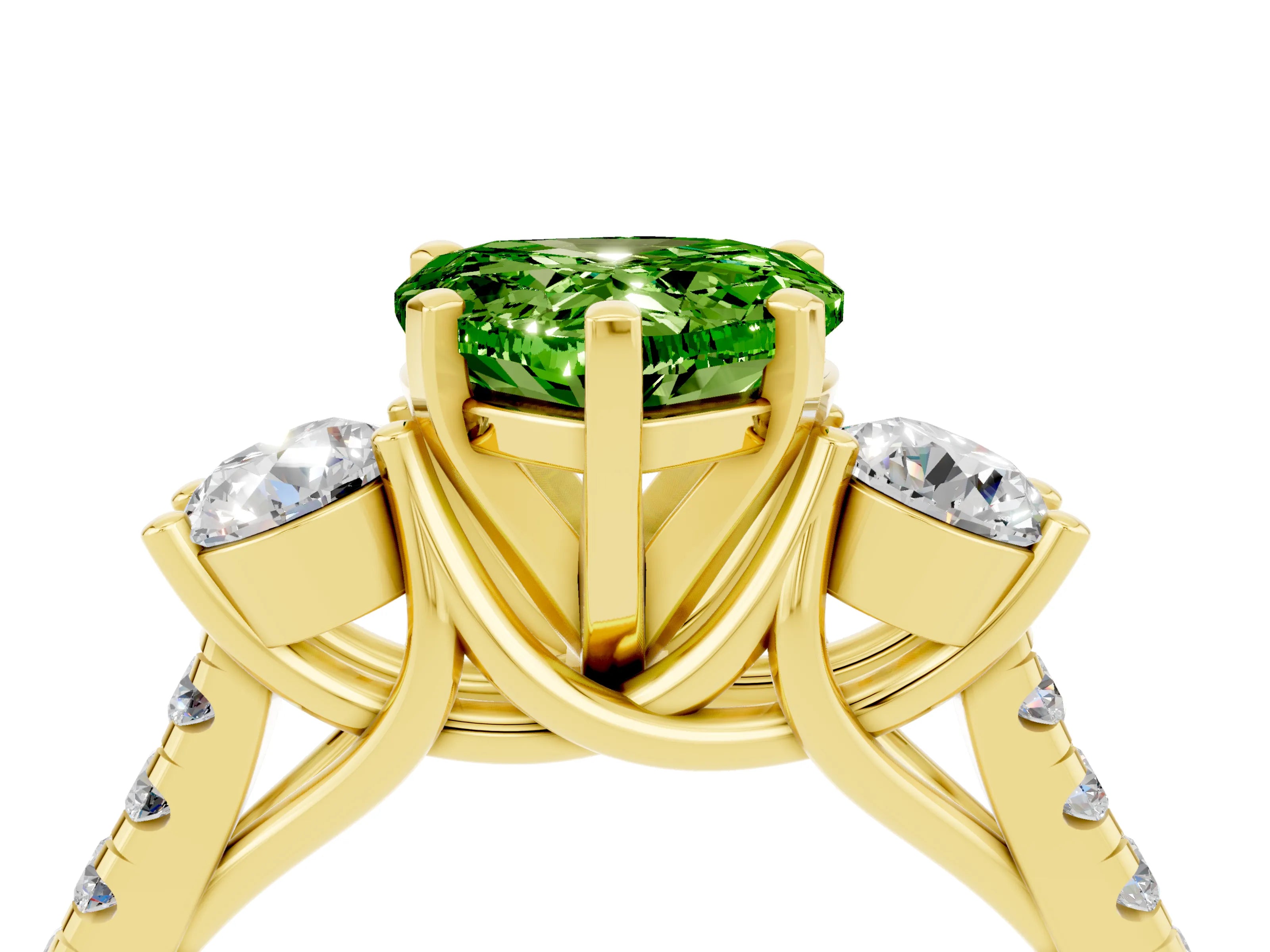 Yellow gold Three-Stone Heart Cut Peridot Pavé Band with Four-Prong Setting_4