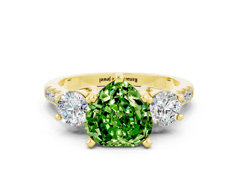 Yellow gold Three-Stone Heart Cut Peridot Pavé Band with Four-Prong Setting