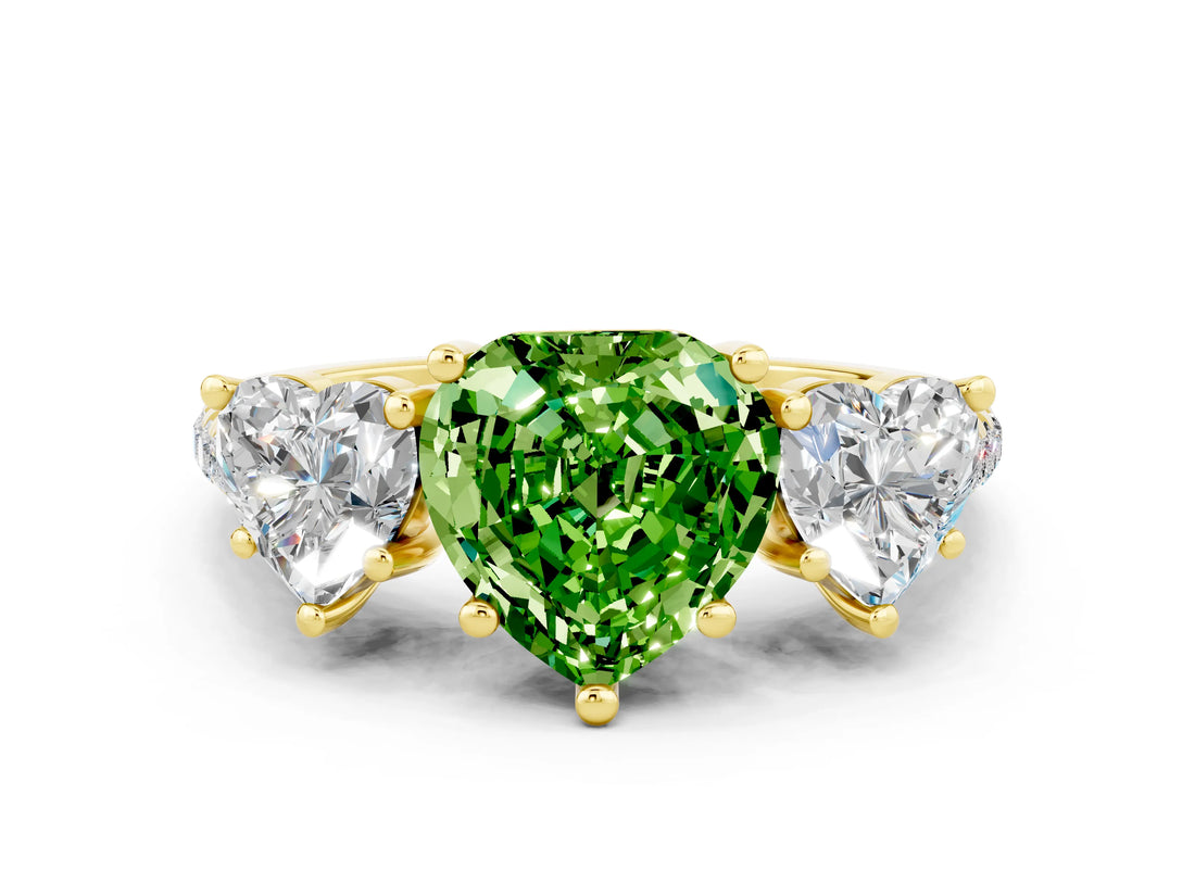 Yellow gold Three-Stone Heart Cut Peridot Ring with Pavé Band and Prong Setting_12