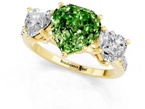 Yellow gold Three-Stone Heart Cut Peridot Ring with Pavé Band and Prong Setting_13