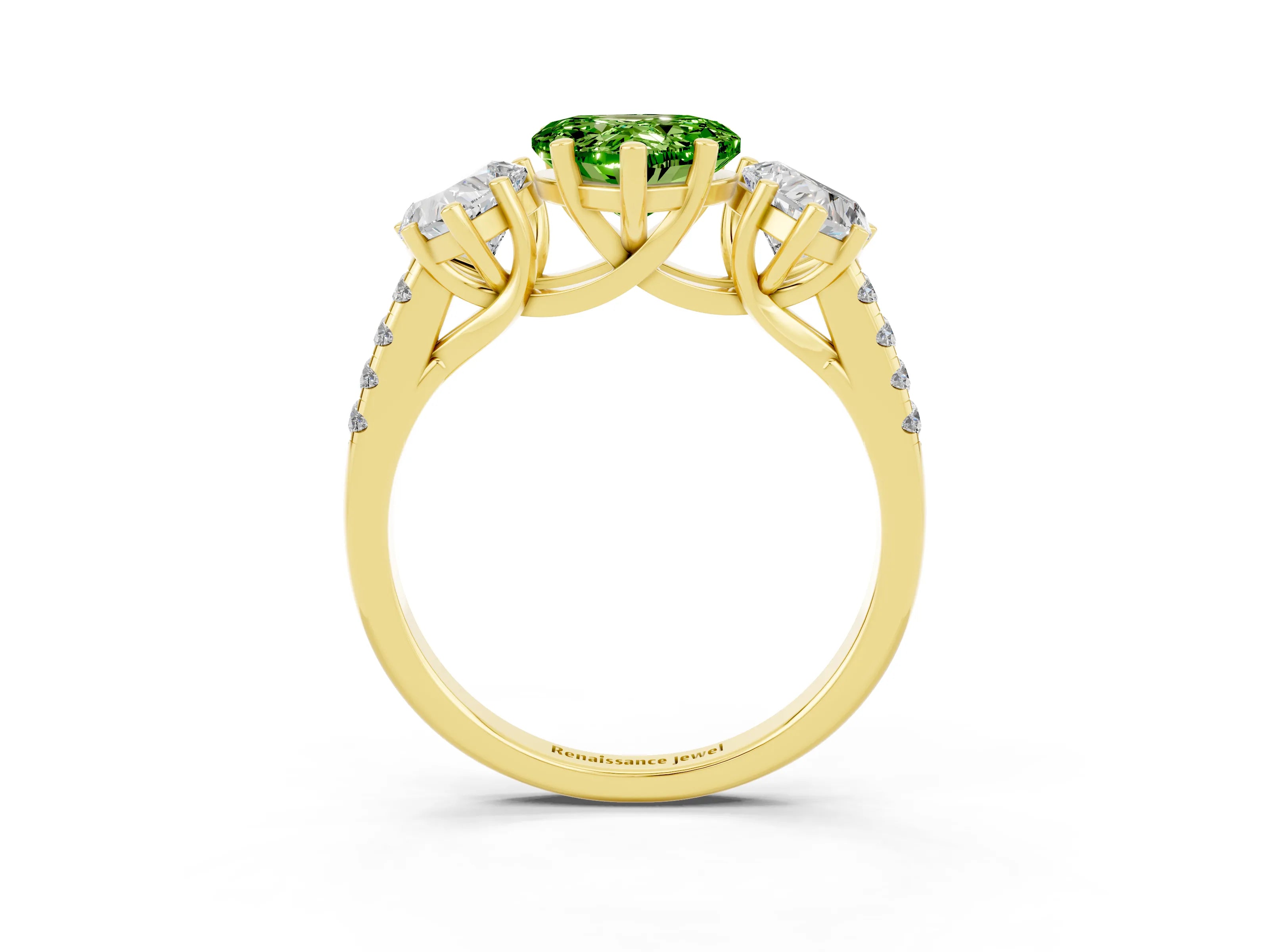 Yellow gold Three-Stone Heart Cut Peridot Ring with Pavé Band and Prong Setting_15