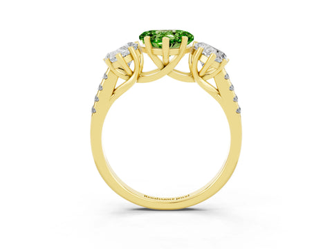 Yellow gold Three-Stone Heart Cut Peridot Ring with Pavé Band and Prong Setting_15