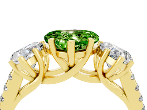 Yellow gold Three-Stone Heart Cut Peridot Ring with Pavé Band and Prong Setting_16