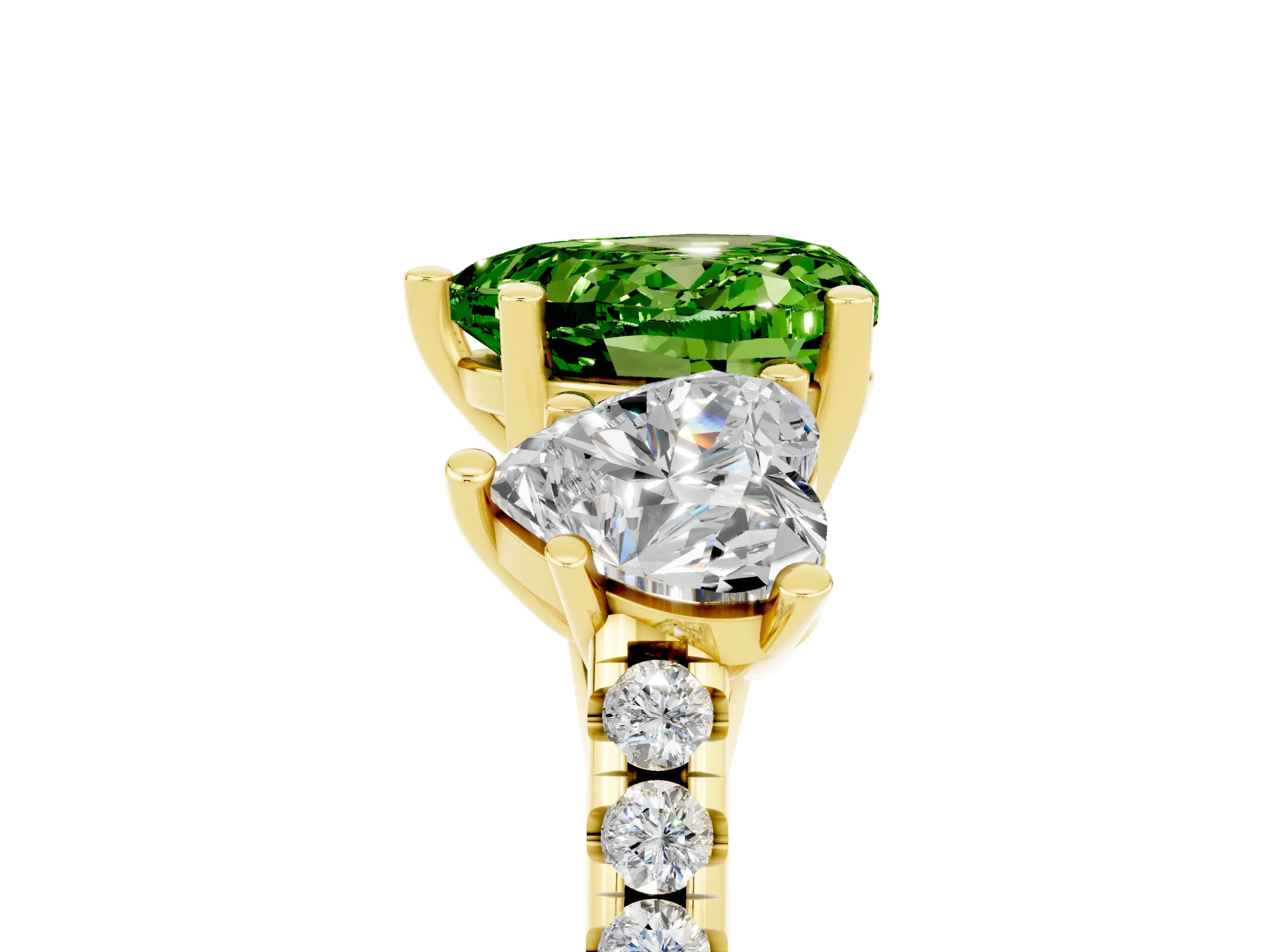 Yellow gold Three-Stone Heart Cut Peridot Ring with Pavé Band and Prong Setting_17