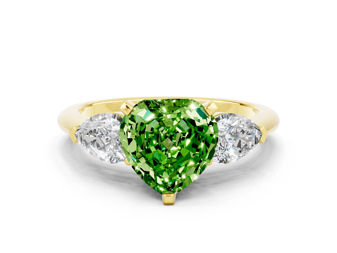 Yellow gold Three-Stone Heart Cut Peridot Ring with Pear Side Stones and Four-Prong Setting