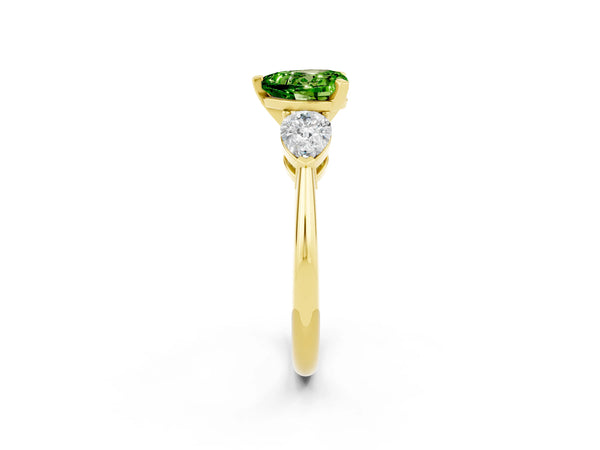 Yellow gold Three-Stone Heart Cut Peridot Ring with Pear Side Stones and Four-Prong Setting