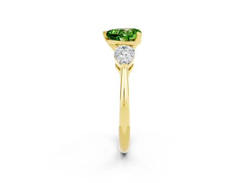 Yellow gold Three-Stone Heart Cut Peridot Ring with Pear Side Stones and Four-Prong Setting_2