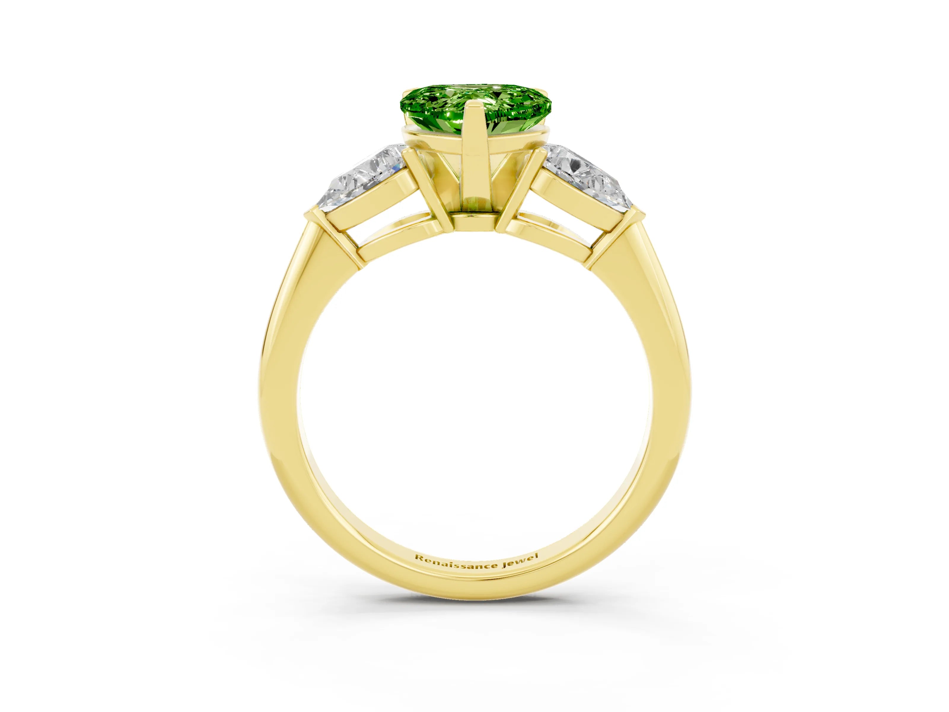 Yellow gold Three-Stone Heart Cut Peridot Ring with Pear Side Stones and Four-Prong Setting_3