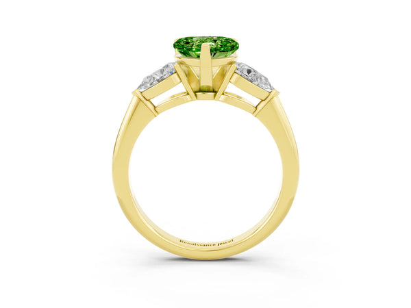 Yellow gold Three-Stone Heart Cut Peridot Ring with Pear Side Stones and Four-Prong Setting