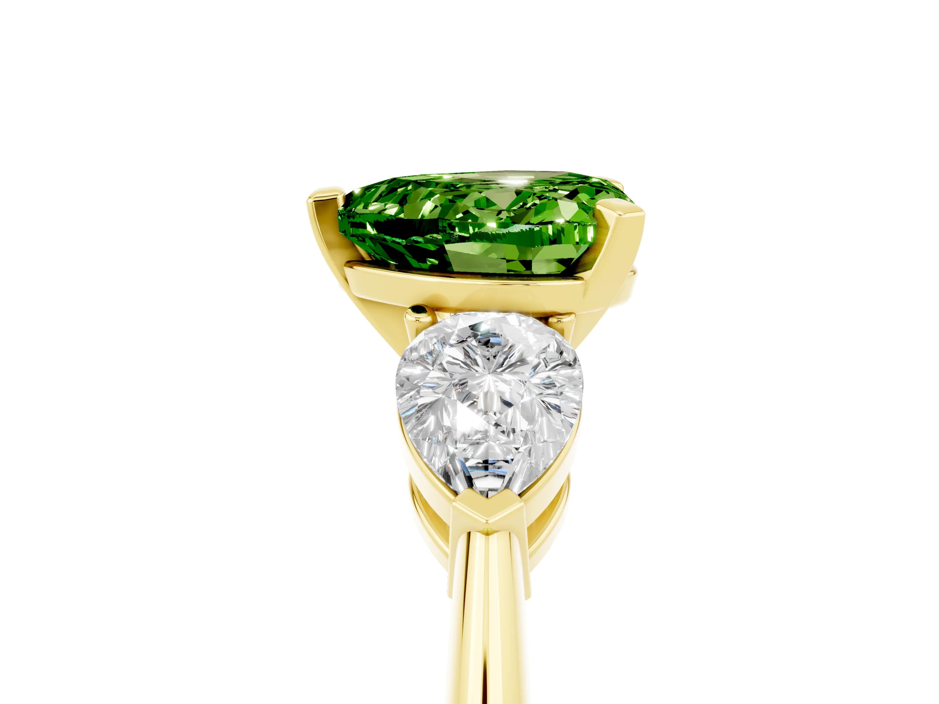 Yellow gold Three-Stone Heart Cut Peridot Ring with Pear Side Stones and Four-Prong Setting_5