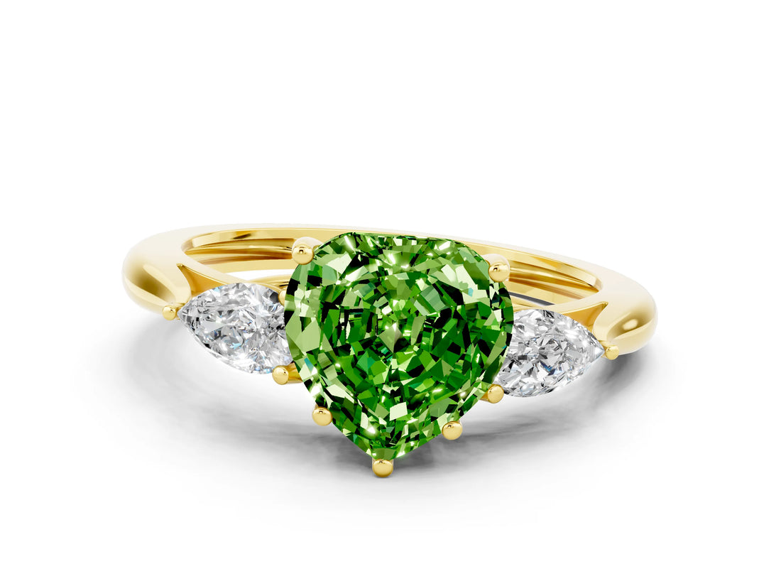 Yellow gold Three-Stone Heart Cut Peridot Ring with Pear  Side Stones in Four-Prong Setting_12