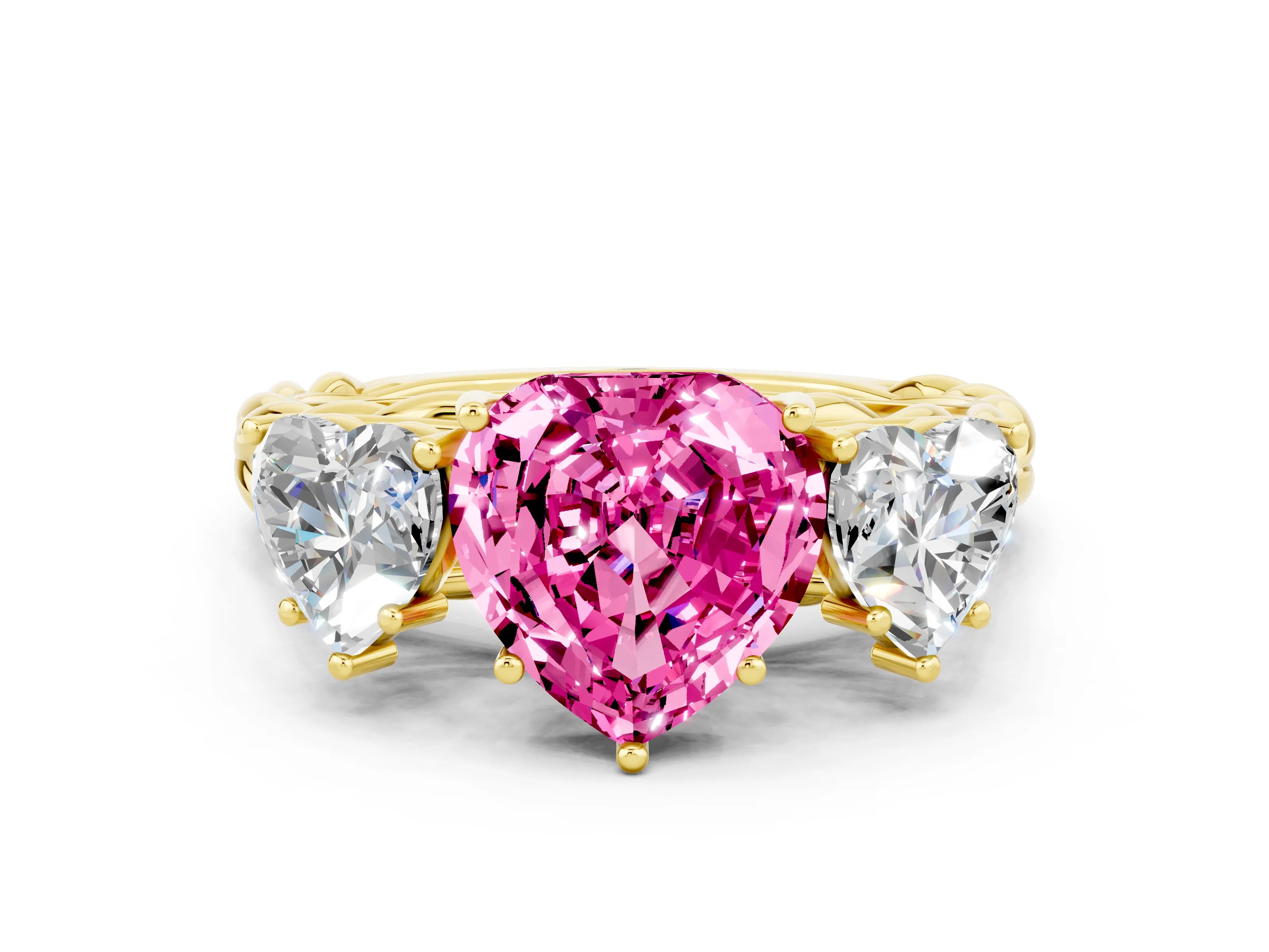 Yellow gold Three-Stone Heart Cut Pink Sapphire Braided Band Ring with Four-Prong Setting_36