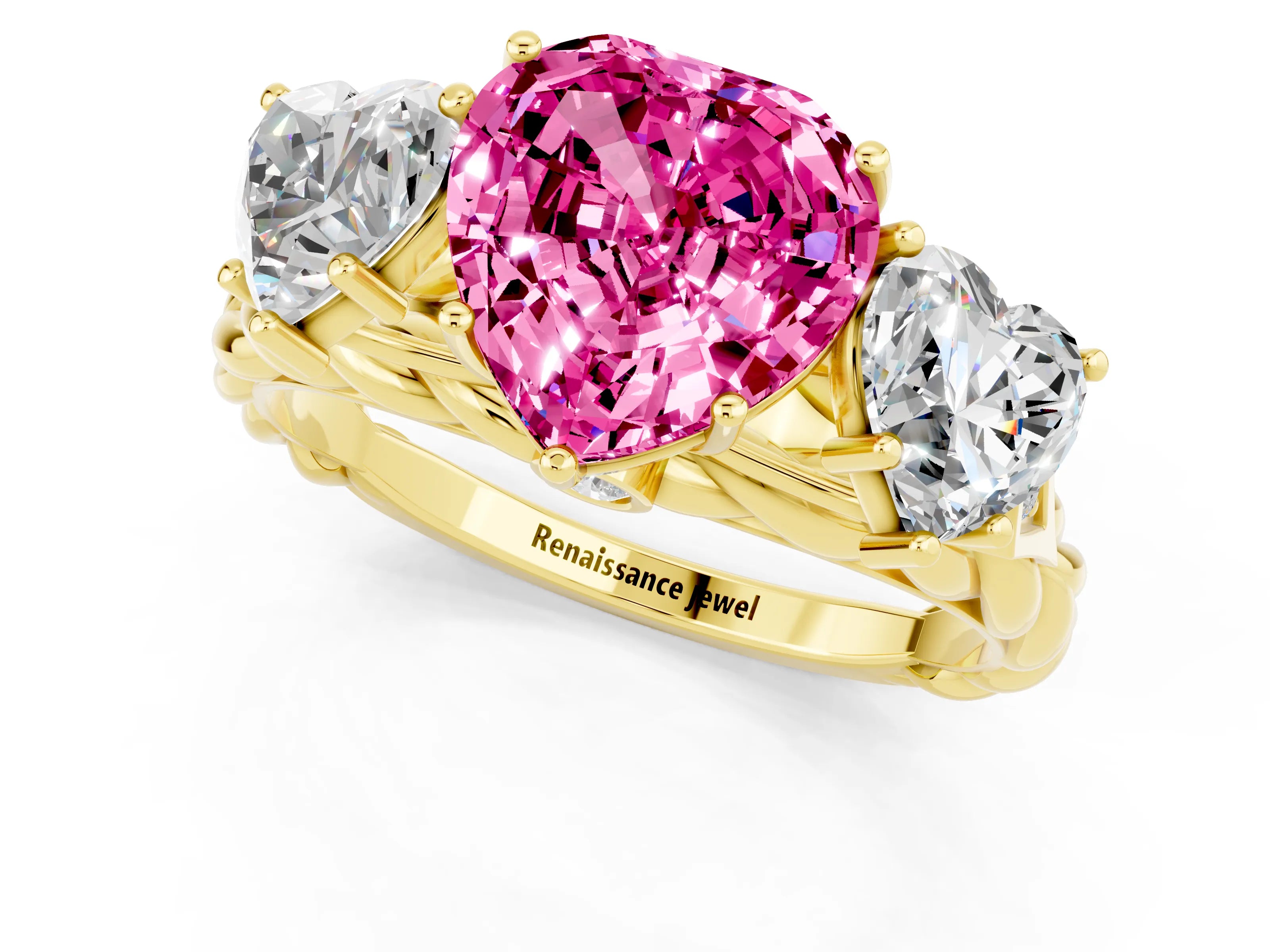 Yellow gold Three-Stone Heart Cut Pink Sapphire Braided Band Ring with Four-Prong Setting_37
