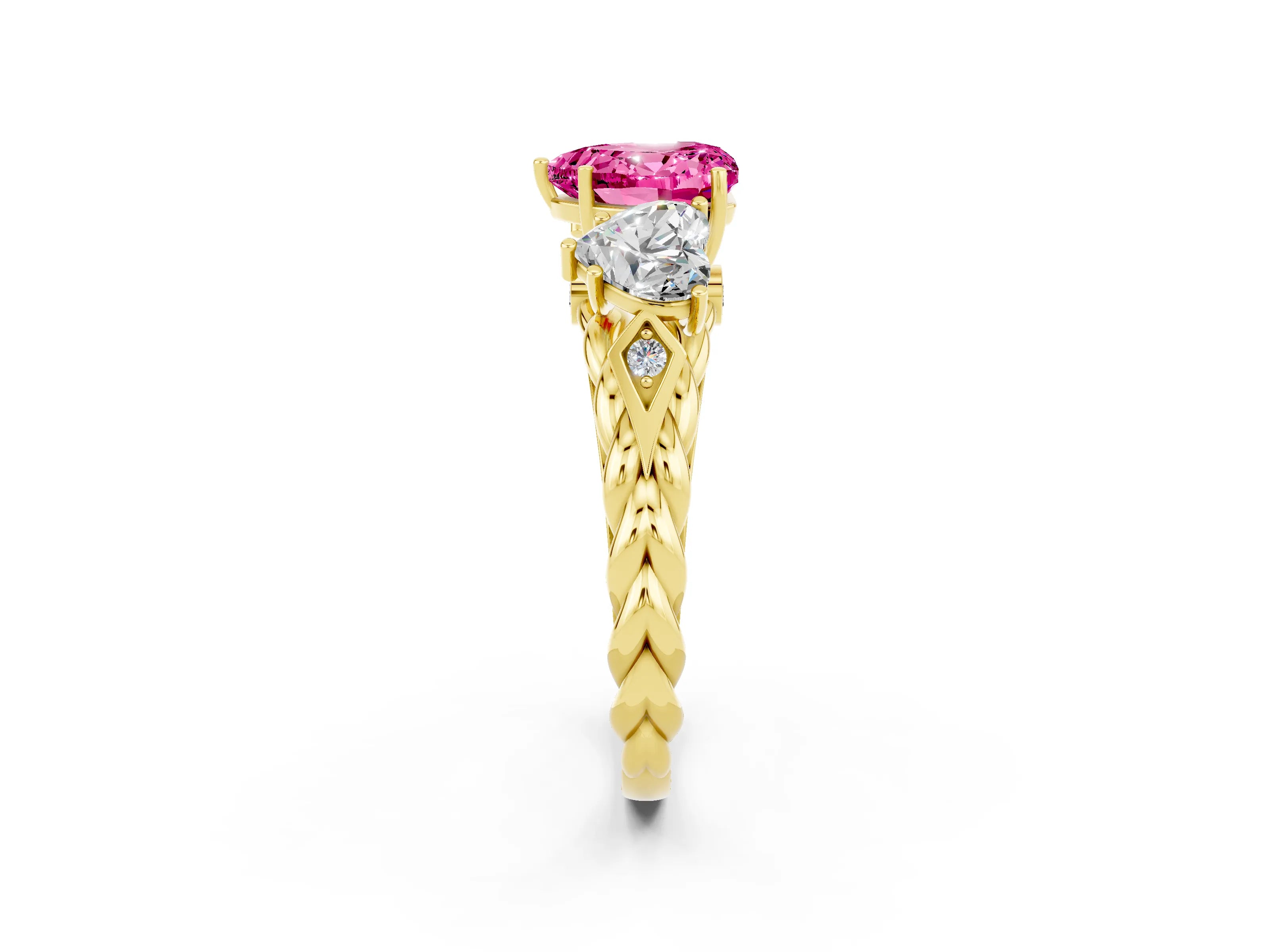 Yellow gold Three-Stone Heart Cut Pink Sapphire Braided Band Ring with Four-Prong Setting_38
