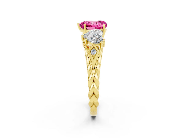 Yellow gold Three-Stone Heart Cut Pink Sapphire Braided Band Ring with Four-Prong Setting