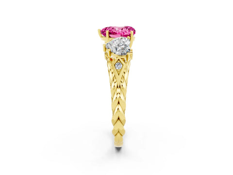 Yellow gold Three-Stone Heart Cut Pink Sapphire Braided Band Ring with Four-Prong Setting_38