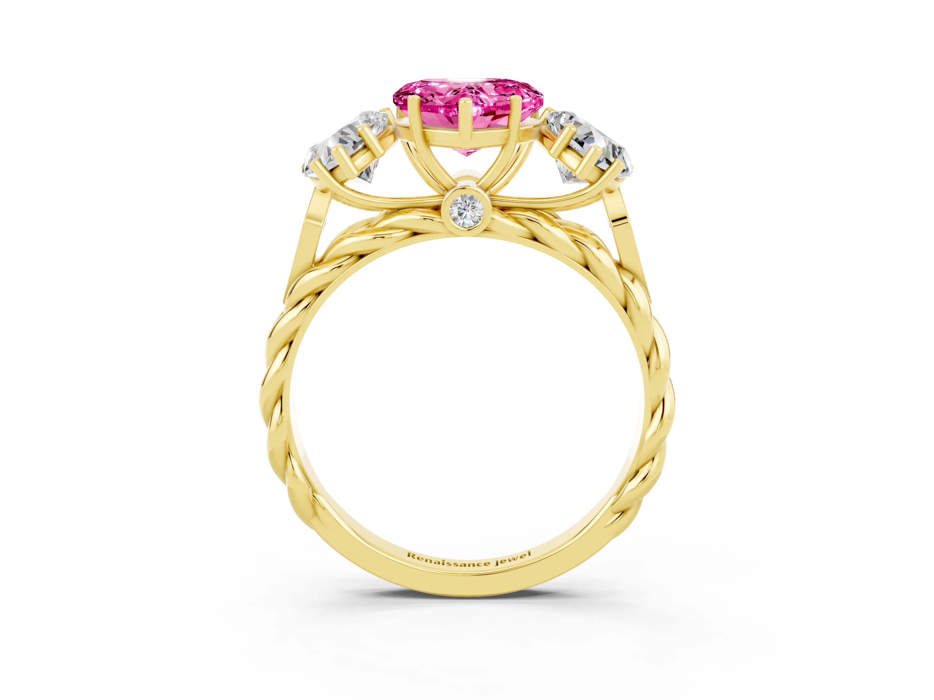 Yellow gold Three-Stone Heart Cut Pink Sapphire Braided Band Ring with Four-Prong Setting_39