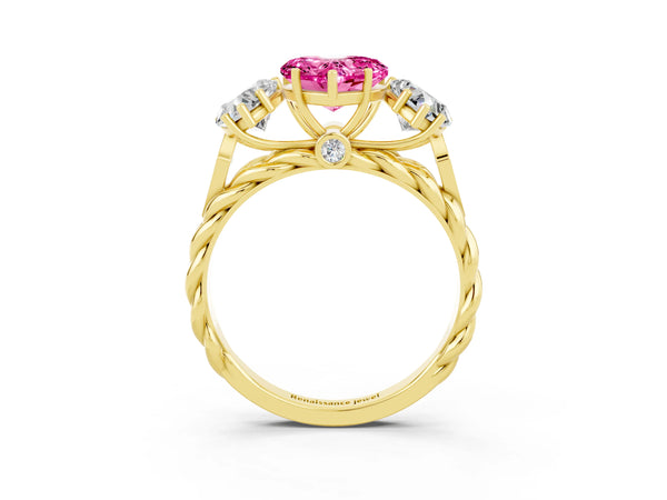 Yellow gold Three-Stone Heart Cut Pink Sapphire Braided Band Ring with Four-Prong Setting