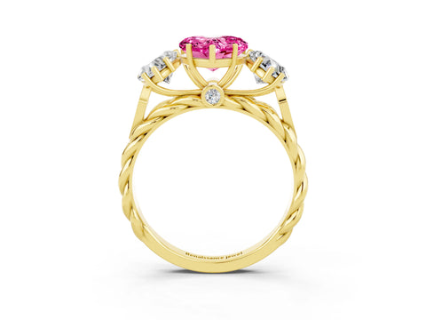 Yellow gold Three-Stone Heart Cut Pink Sapphire Braided Band Ring with Four-Prong Setting_39