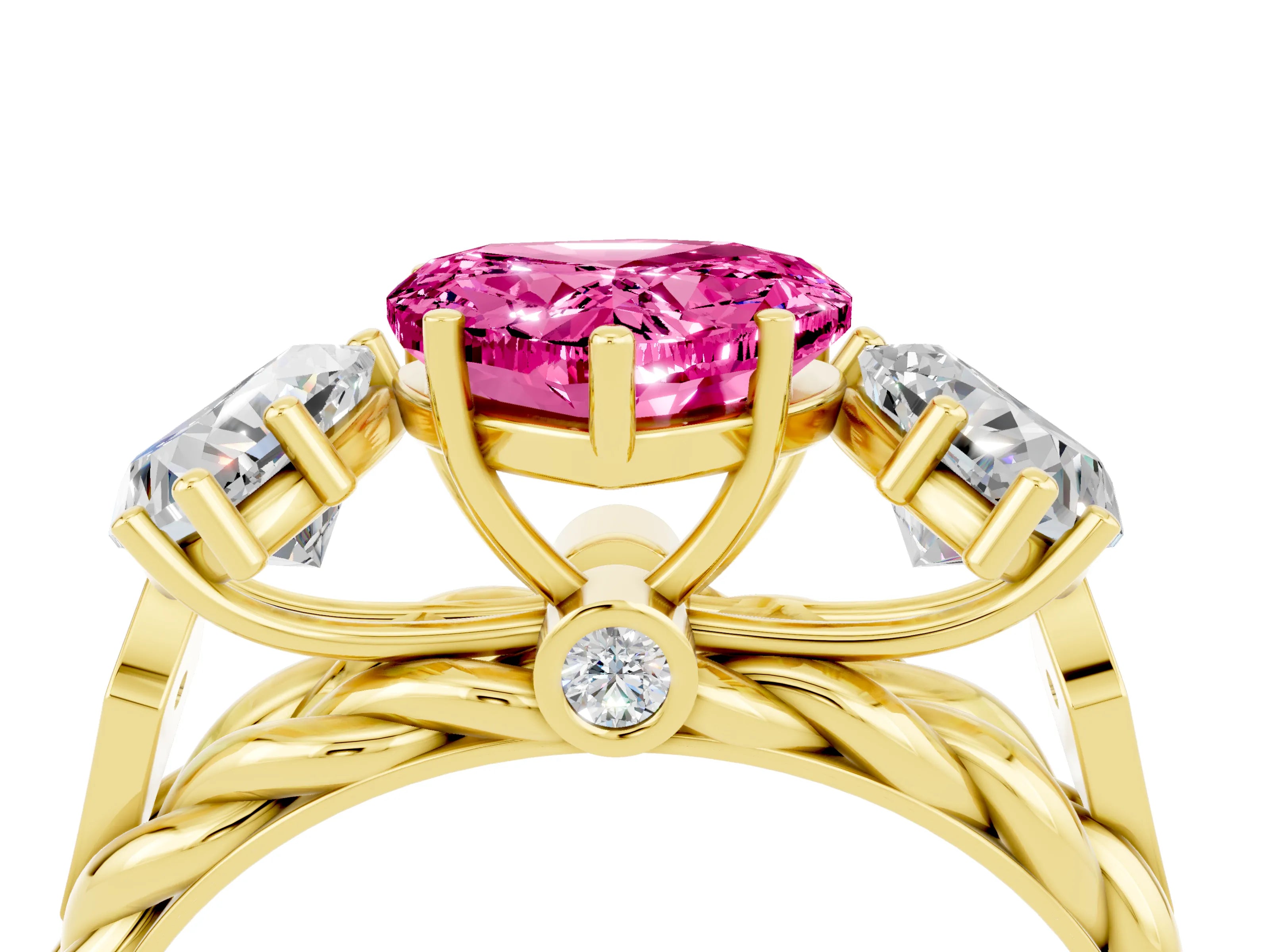 Yellow gold Three-Stone Heart Cut Pink Sapphire Braided Band Ring with Four-Prong Setting_40