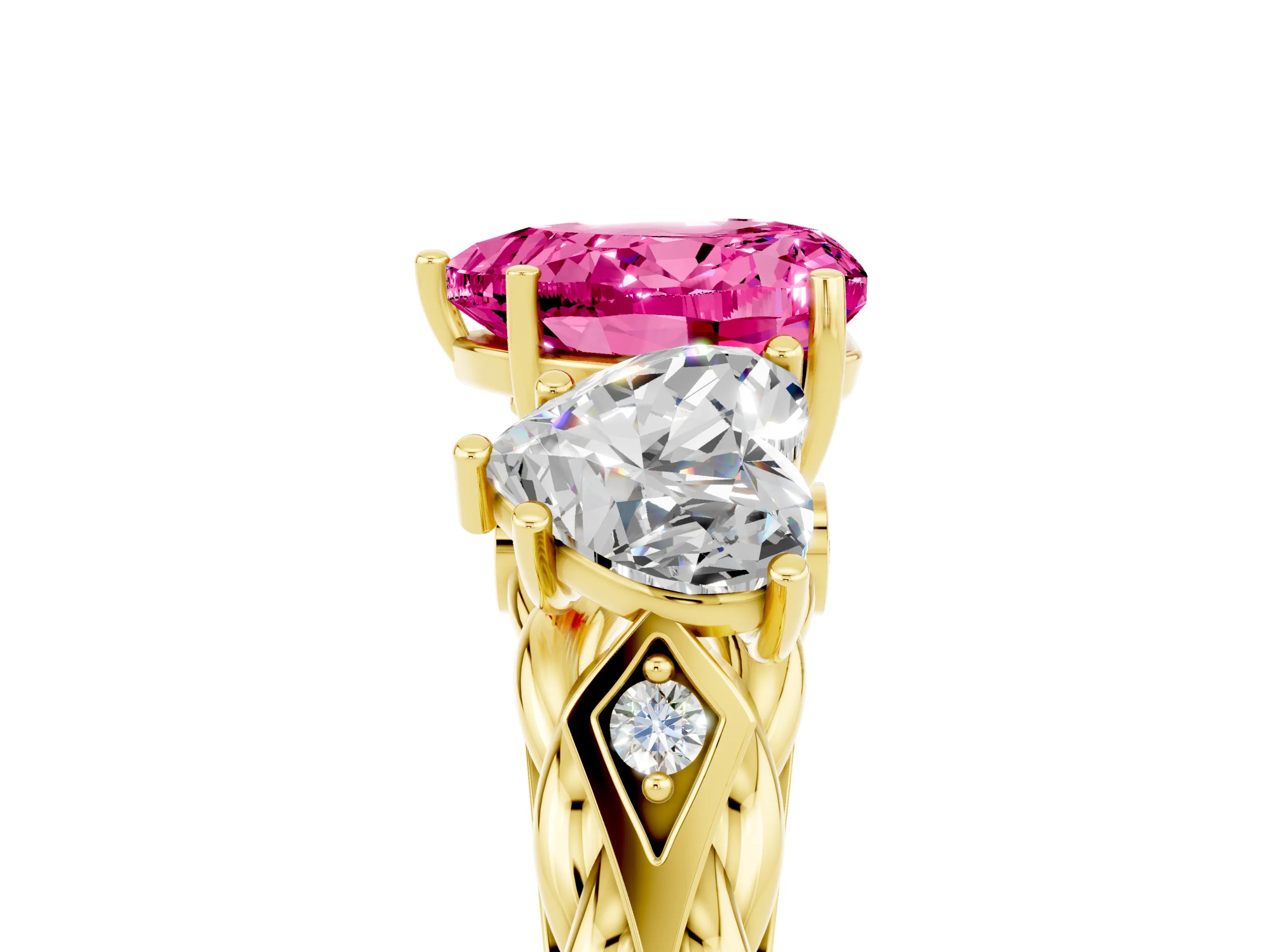 Yellow gold Three-Stone Heart Cut Pink Sapphire Braided Band Ring with Four-Prong Setting_41