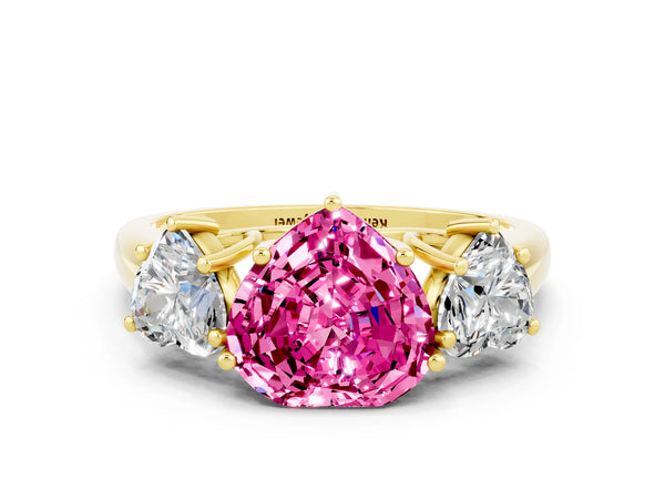 Yellow gold Three-Stone Heart Cut Pink Sapphire Engagement Ring with Prong Setting
