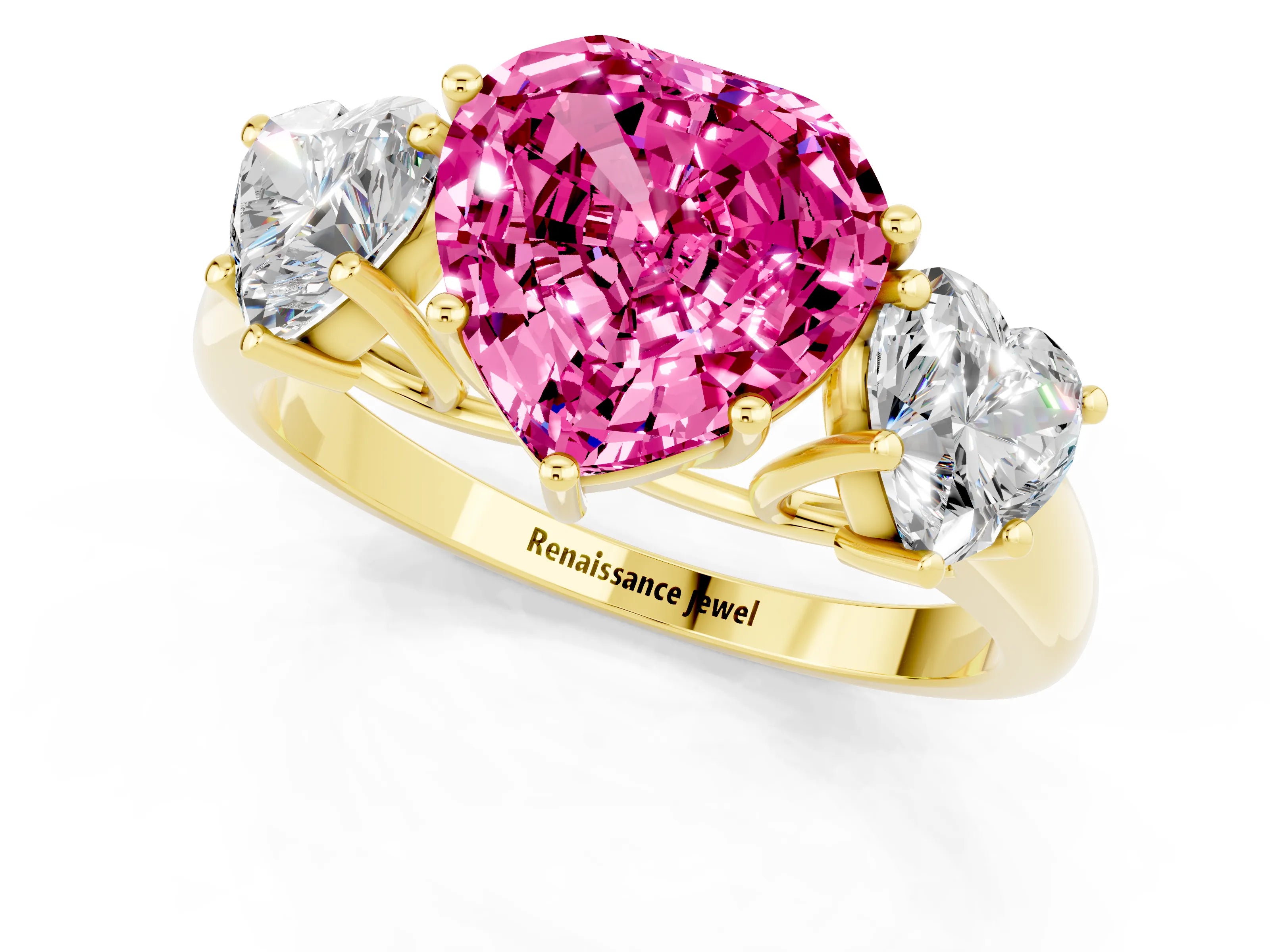 Yellow gold Three-Stone Heart Cut Pink Sapphire Engagement Ring with Prong Setting_1