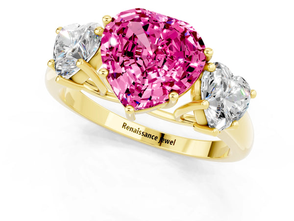 Yellow gold Three-Stone Heart Cut Pink Sapphire Engagement Ring with Prong Setting