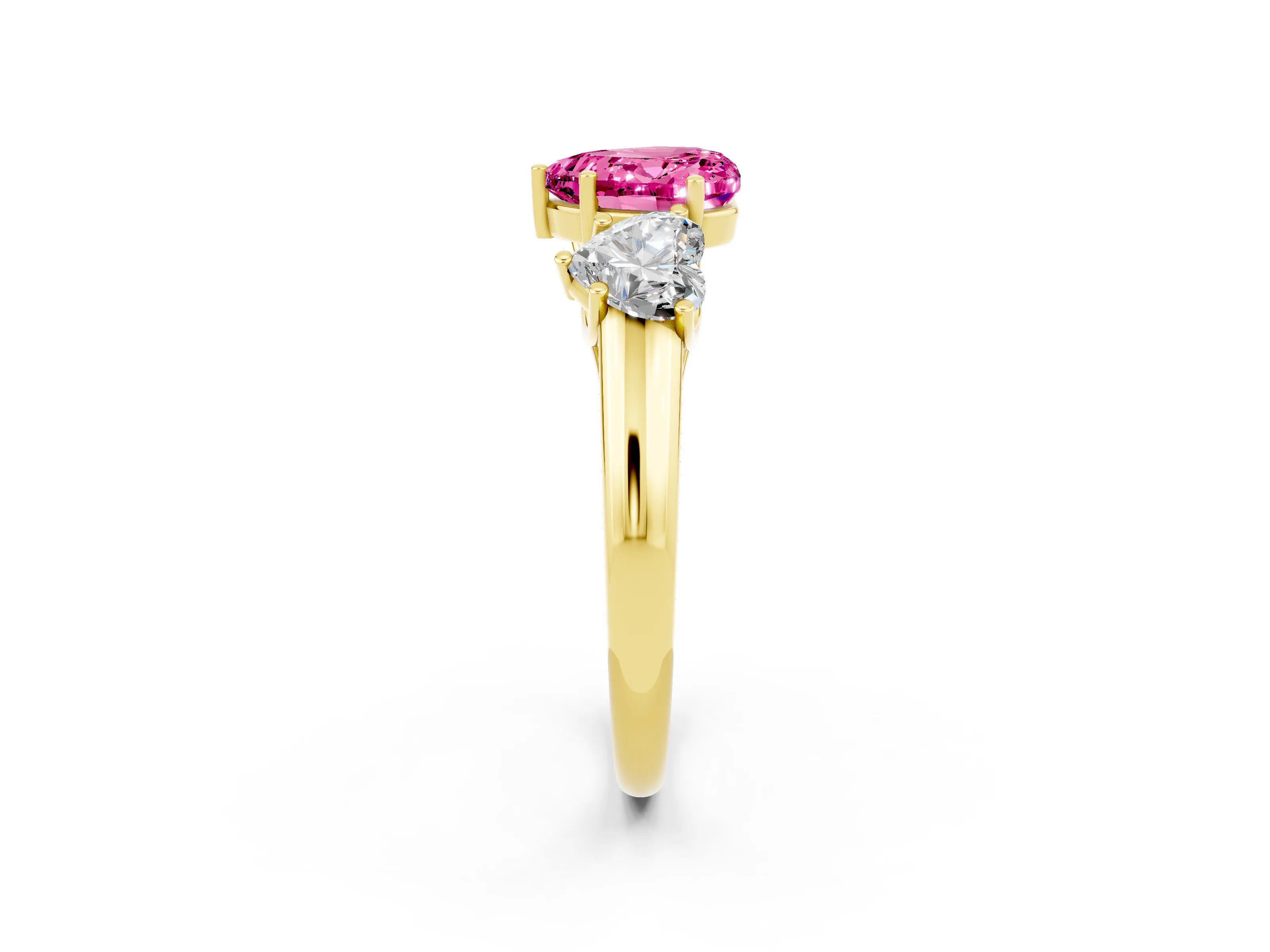 Yellow gold Three-Stone Heart Cut Pink Sapphire Engagement Ring with Prong Setting_2
