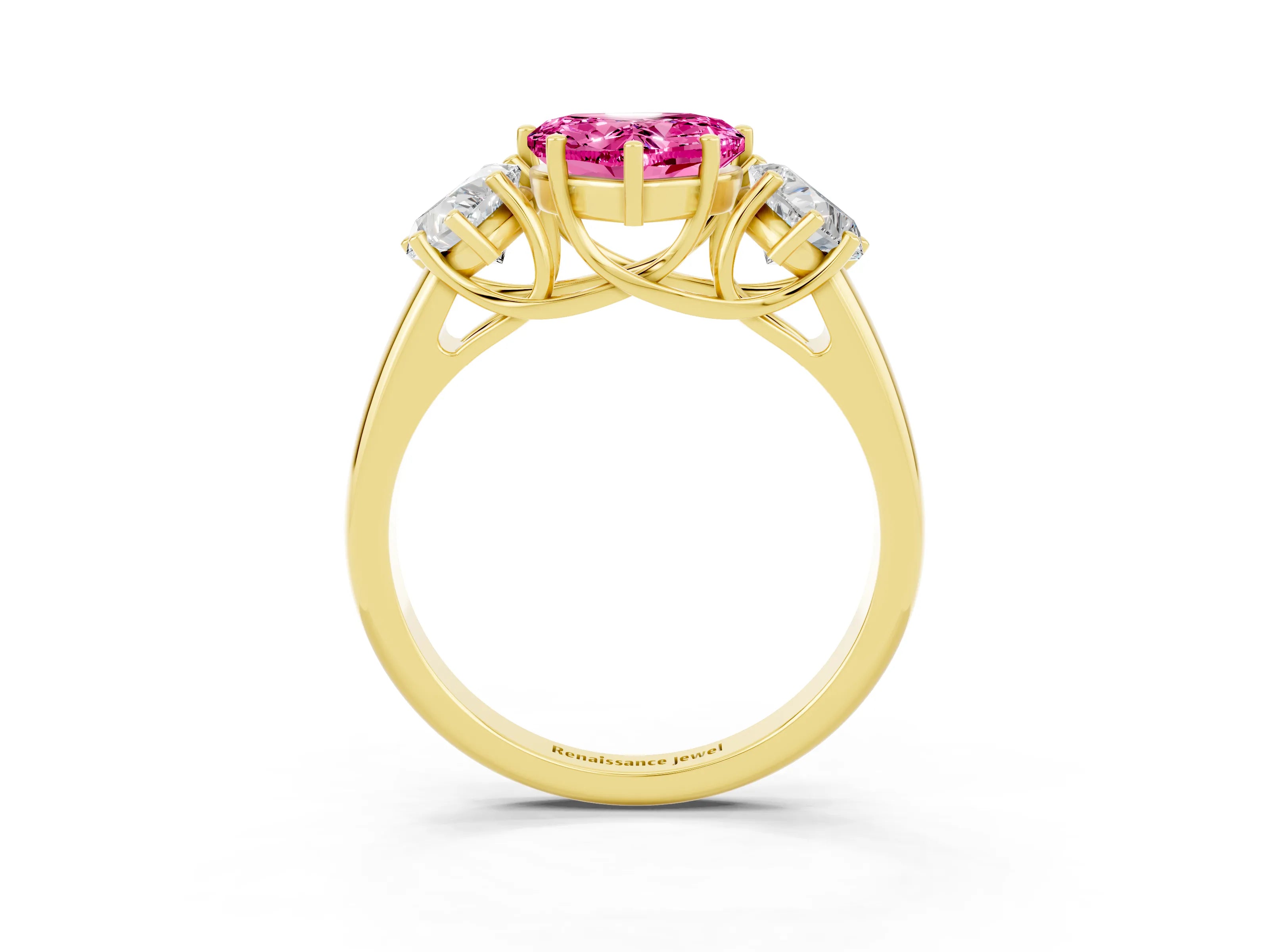 Yellow gold Three-Stone Heart Cut Pink Sapphire Engagement Ring with Prong Setting_3