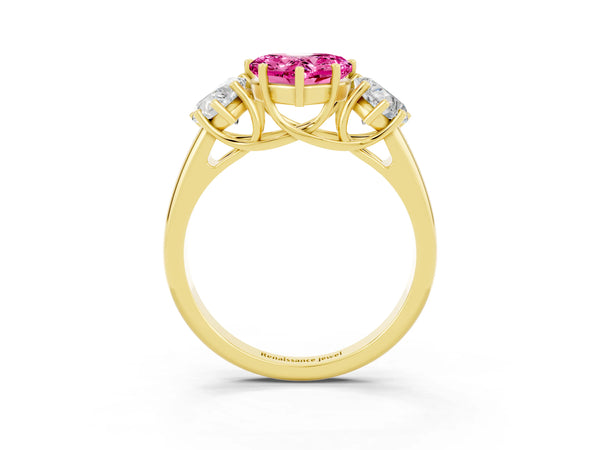 Yellow gold Three-Stone Heart Cut Pink Sapphire Engagement Ring with Prong Setting