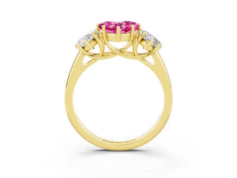Yellow gold Three-Stone Heart Cut Pink Sapphire Engagement Ring with Prong Setting_3