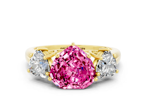 Yellow gold Three-Stone Heart Cut Pink Sapphire Engagement Ring with Prong Setting
