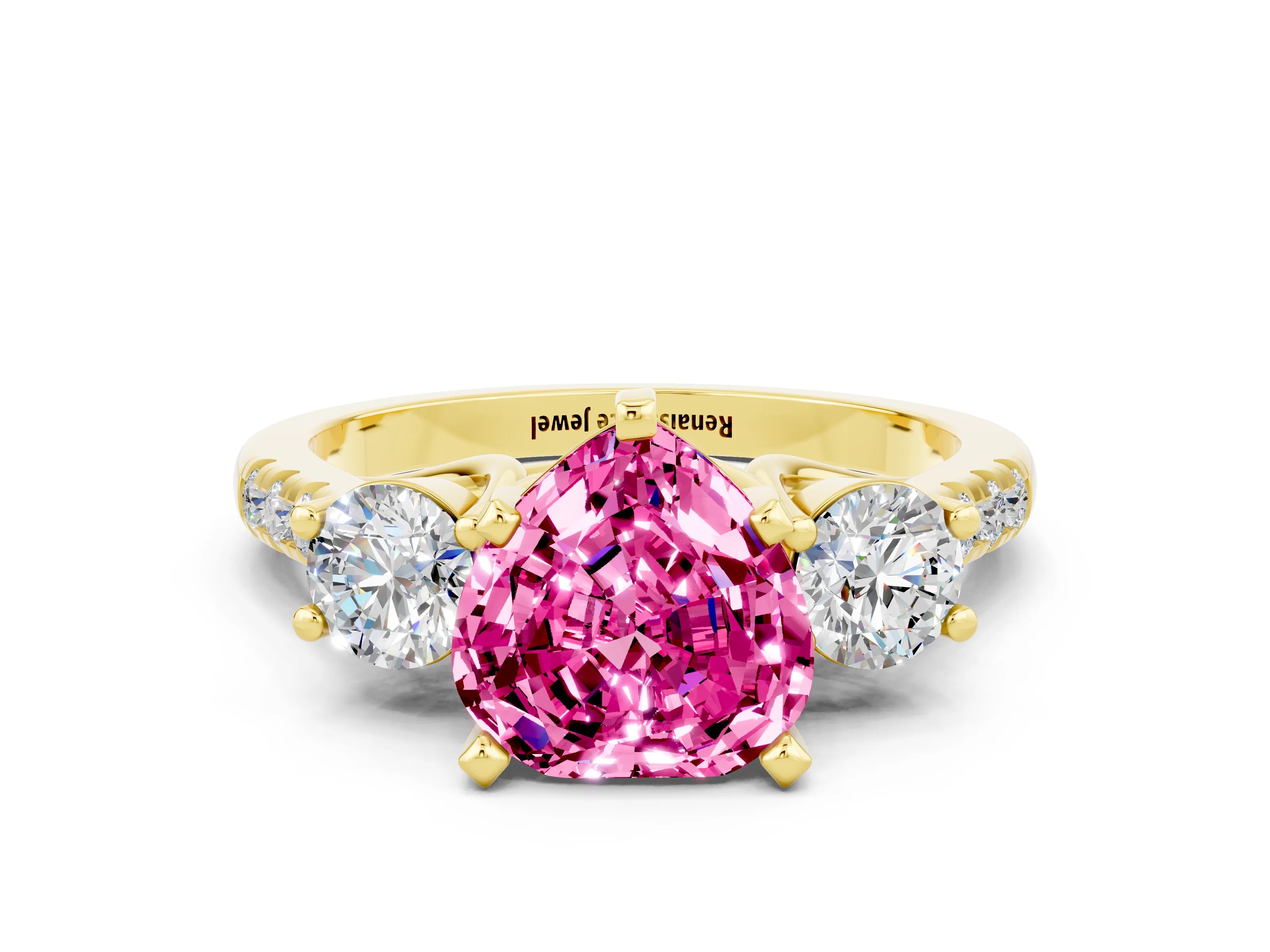 Yellow gold Three-Stone Heart Cut Pink Sapphire Pavé Band with Four-Prong Setting_36