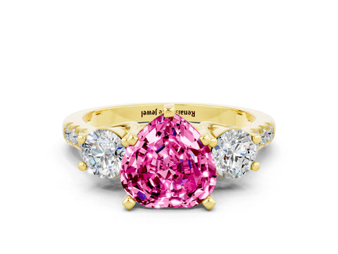 Yellow gold Three-Stone Heart Cut Pink Sapphire Pavé Band with Four-Prong Setting_36
