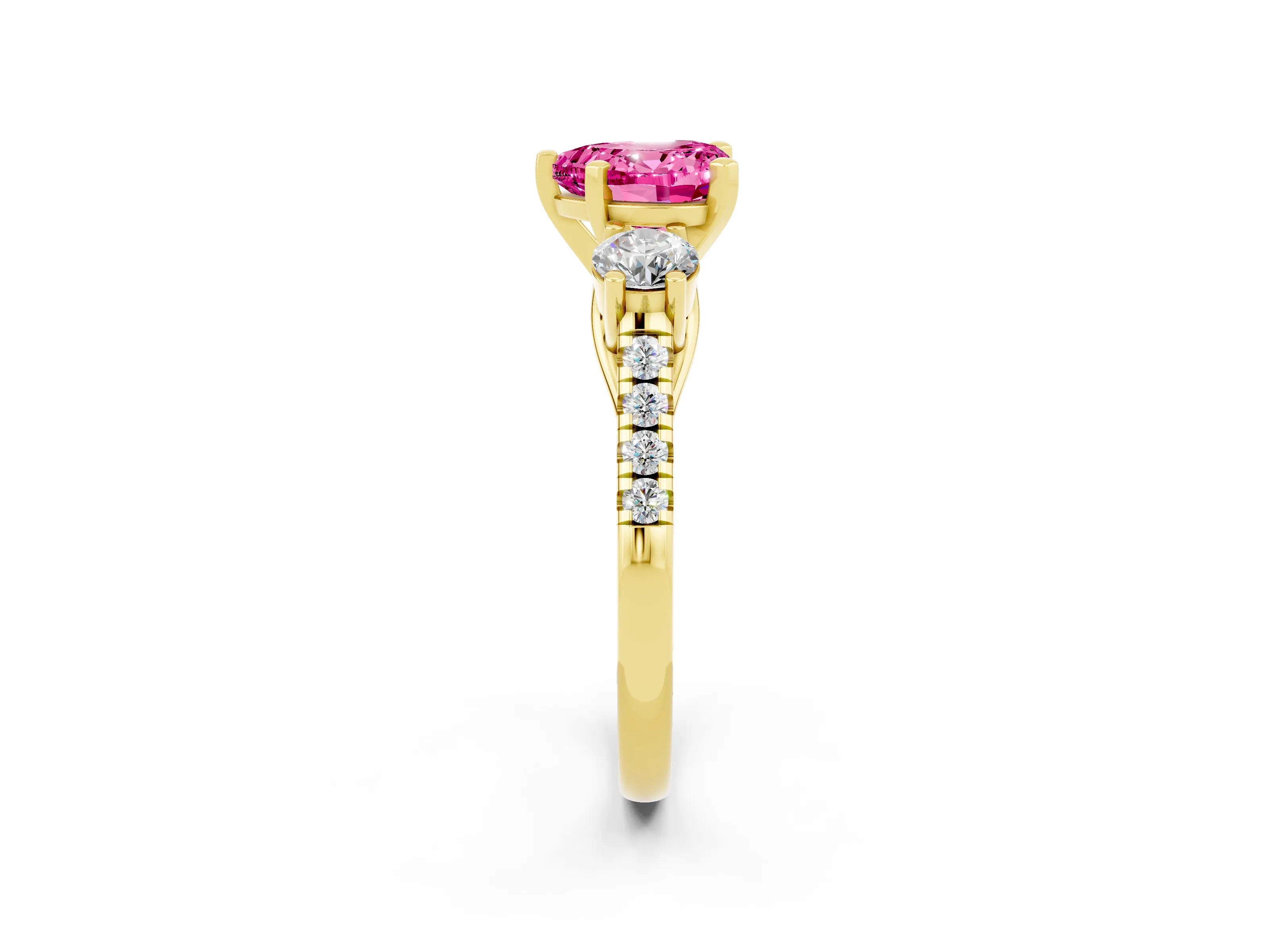 Yellow gold Three-Stone Heart Cut Pink Sapphire Pavé Band with Four-Prong Setting_38