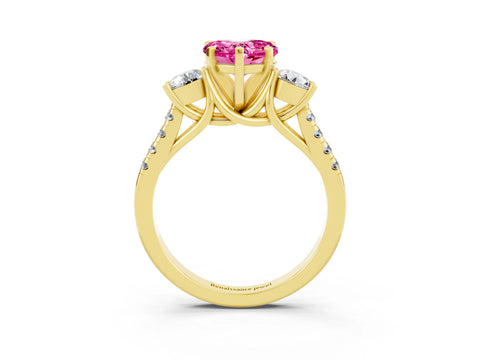 Yellow gold Three-Stone Heart Cut Pink Sapphire Pavé Band with Four-Prong Setting_39