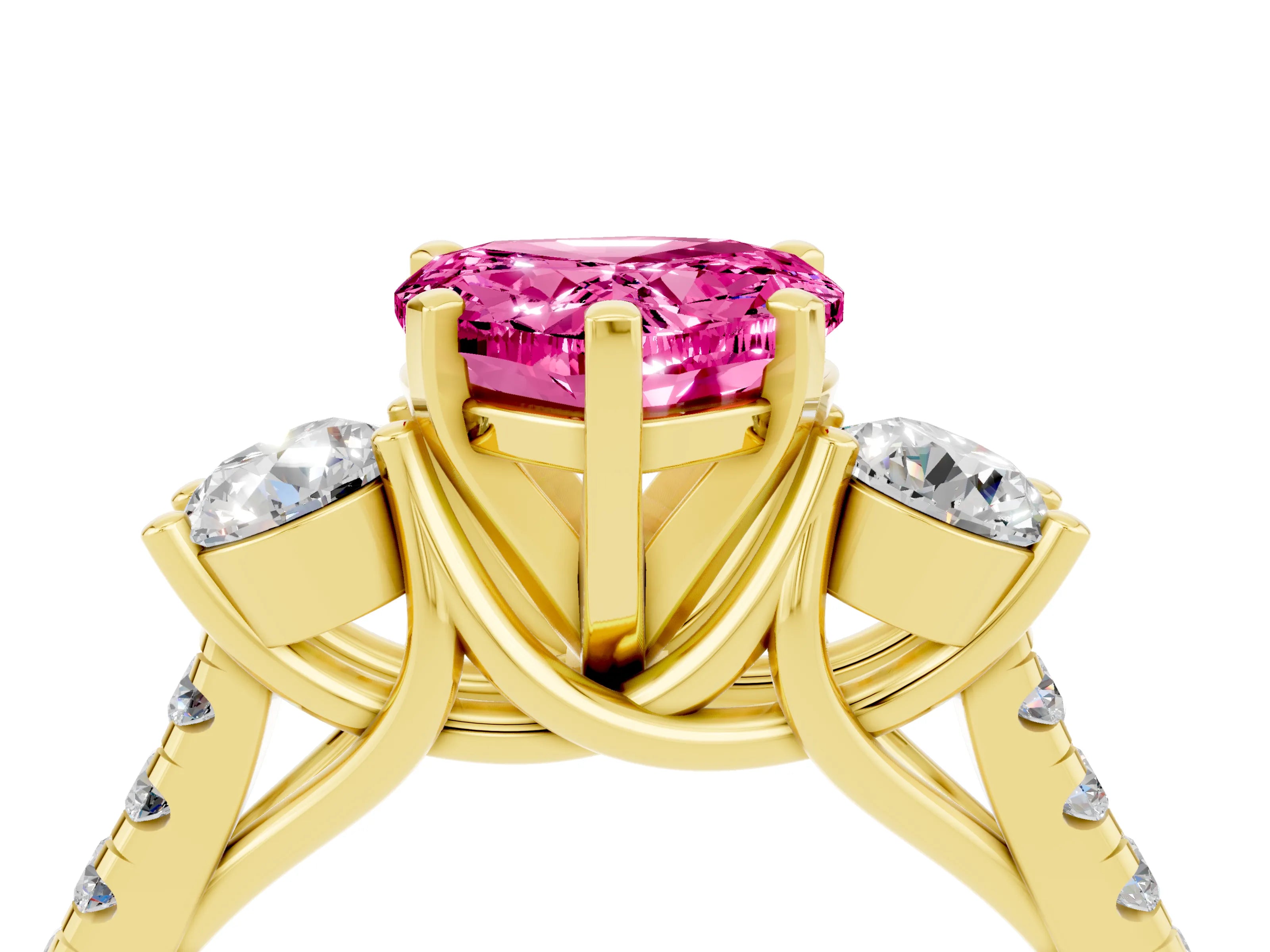Yellow gold Three-Stone Heart Cut Pink Sapphire Pavé Band with Four-Prong Setting_40