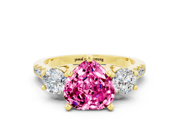 Yellow gold Three-Stone Heart Cut Pink Sapphire Pavé Band with Four-Prong Setting