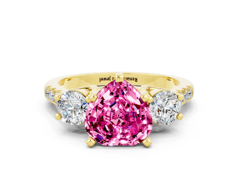 Yellow gold Three-Stone Heart Cut Pink Sapphire Pavé Band with Four-Prong Setting_48