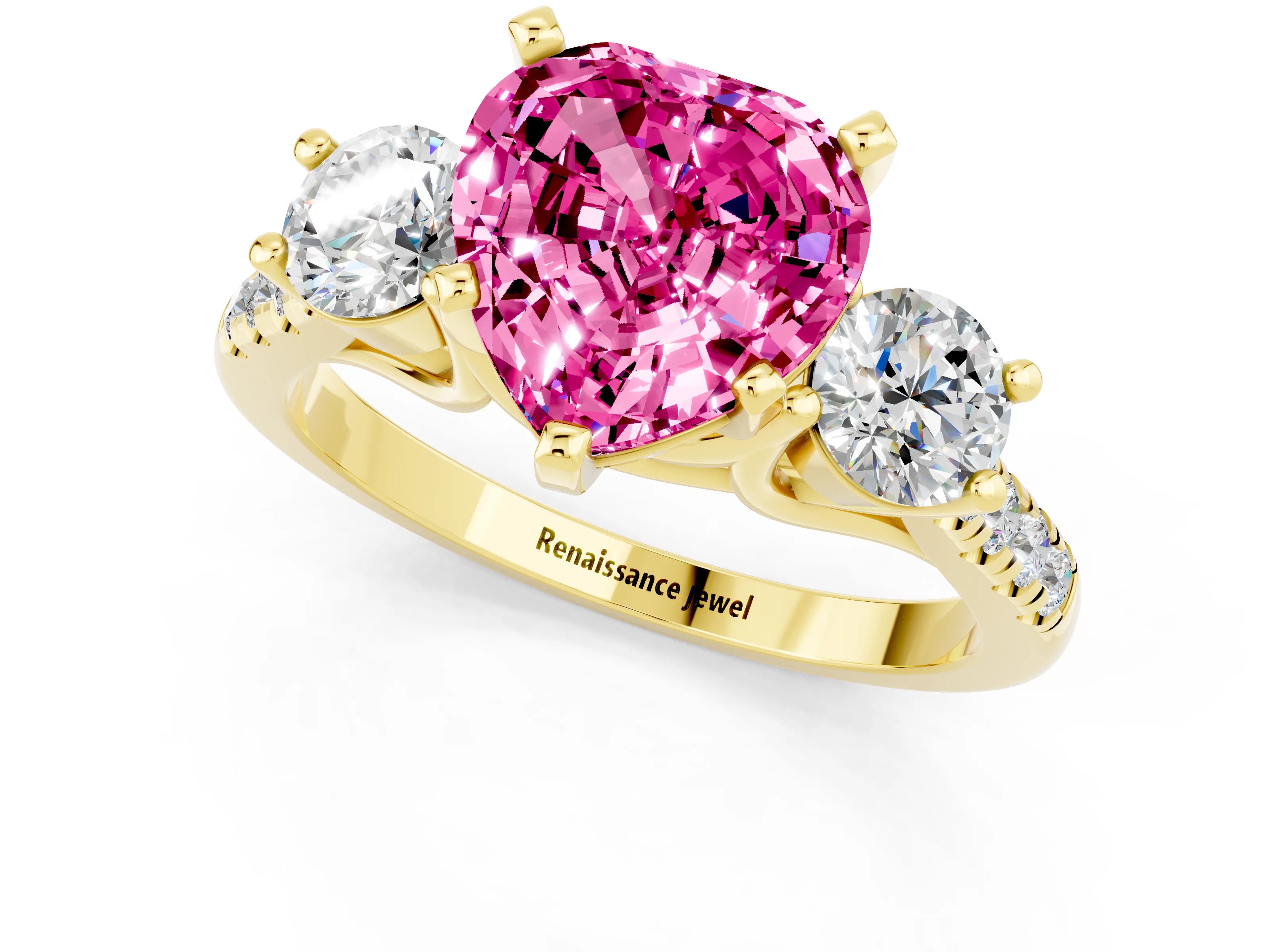 Yellow gold Three-Stone Heart Cut Pink Sapphire Pavé Band with Four-Prong Setting_49