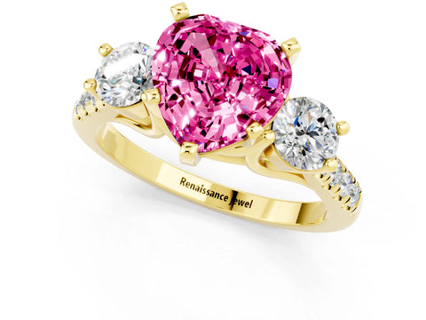 Yellow gold Three-Stone Heart Cut Pink Sapphire Pavé Band with Four-Prong Setting_49