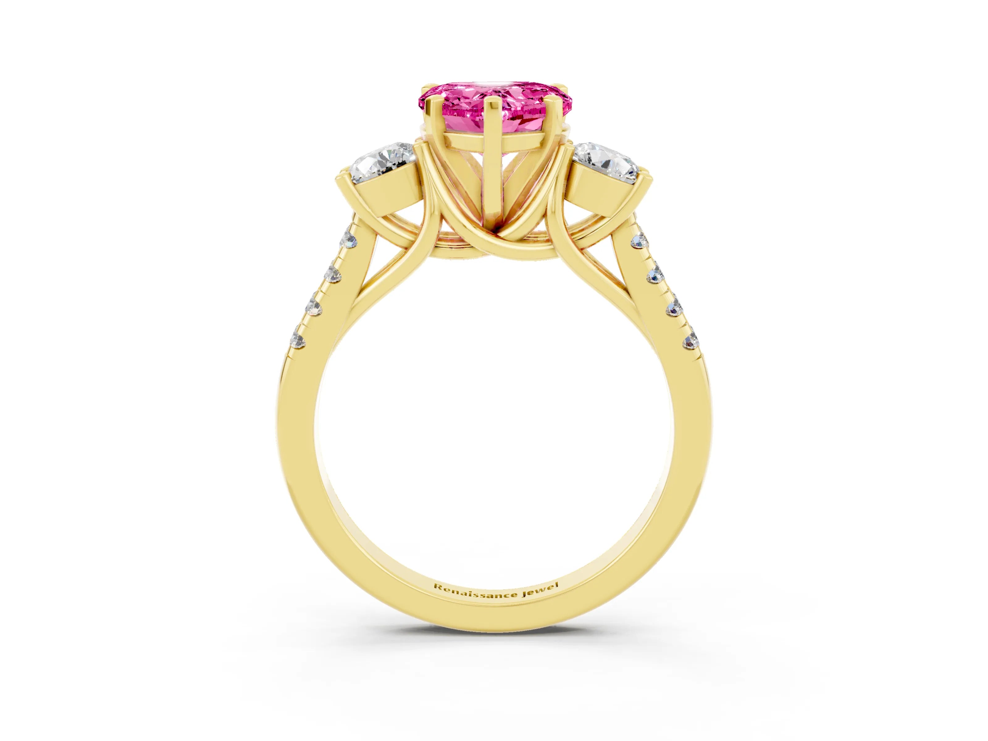 Yellow gold Three-Stone Heart Cut Pink Sapphire Pavé Band with Four-Prong Setting_51