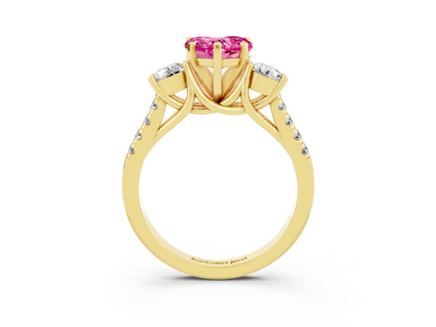 Yellow gold Three-Stone Heart Cut Pink Sapphire Pavé Band with Four-Prong Setting_51