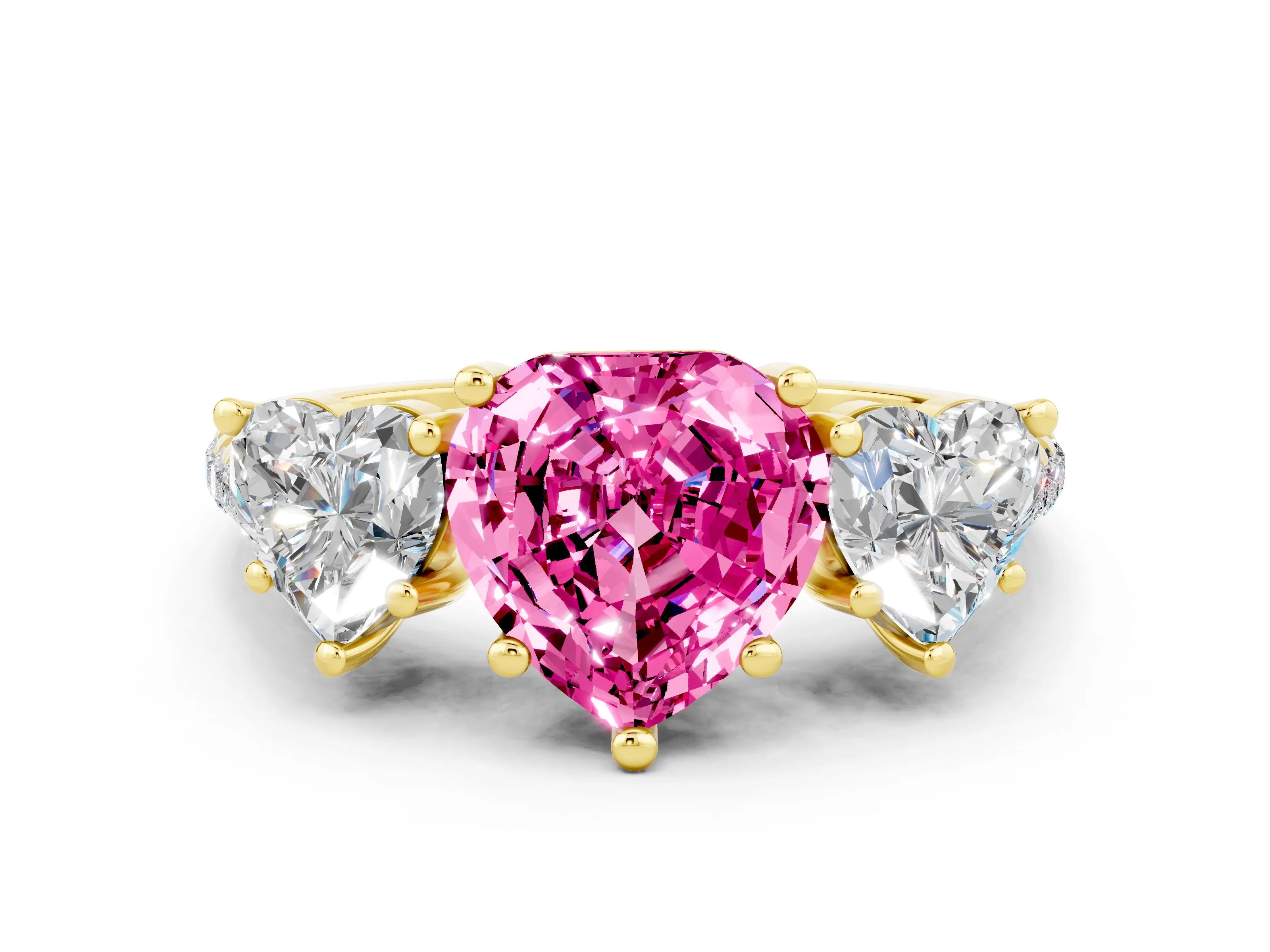Yellow gold Three-Stone Heart Cut Pink Sapphire Ring with Pavé Band and Prong Setting_36
