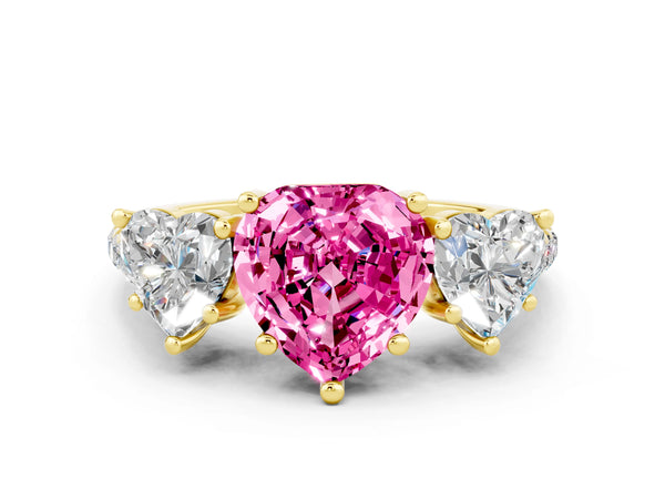 Yellow gold Three-Stone Heart Cut Pink Sapphire Ring with Round  Pavé Band and Prong Setting